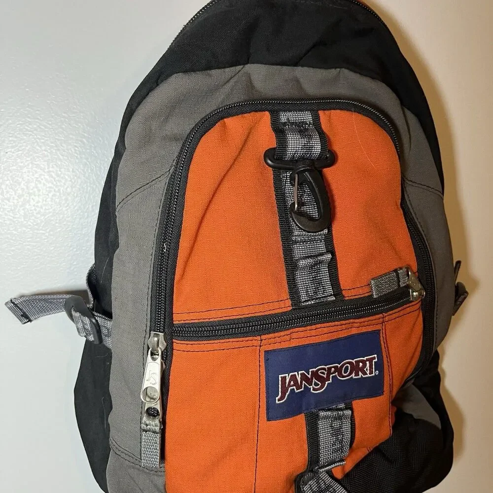 Vintage JanSport Backpack Orange Black Gray Trail Hiking Multi Pocket 90s Bag